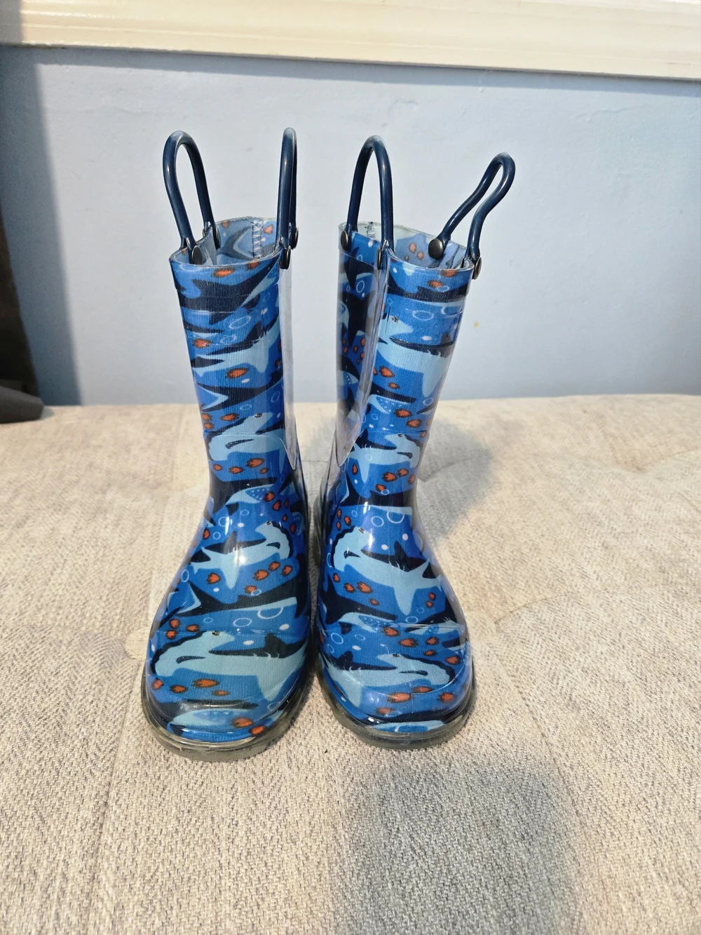 Western Chief Blue Shark Print Light-up Kids Rain Boots with Handles